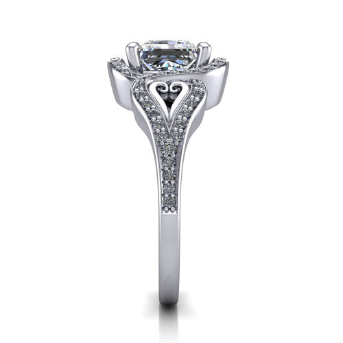 Elisa princess-cut vintage halo engagement ring in 18K White Gold, side profile showing the split shoulders, filigree detail, and tapered band