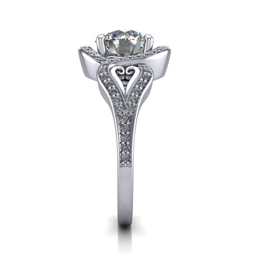 Elisa round vintage halo engagement ring in Platinum, side profile showing the split shoulders, filigree detail, and tapered band