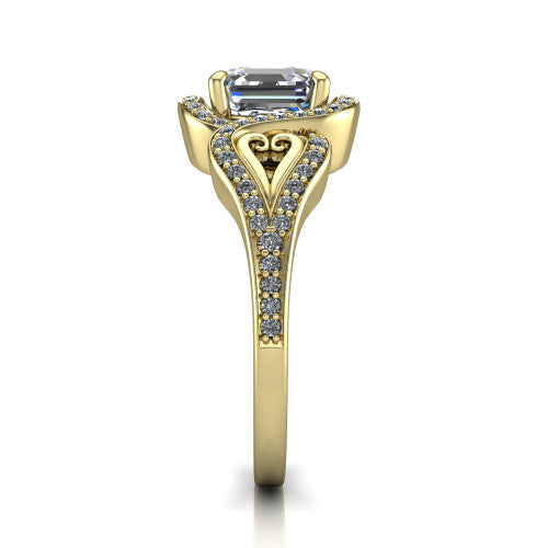 Elisa square emerald-cut vintage halo engagement ring in 14K Yellow Gold, side profile showing the split shoulders, filigree detail, and tapered band
