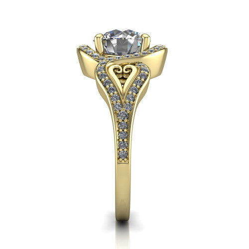 Elisa round vintage halo engagement ring in 18K Yellow Gold, side profile showing the split shoulders, filigree detail, and tapered band