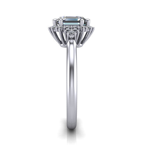 Elaine square emerald-cut floral halo engagement ring in 18K White Gold, side profile showing the cathedral rise, floral pave halo, and slender high-polish band