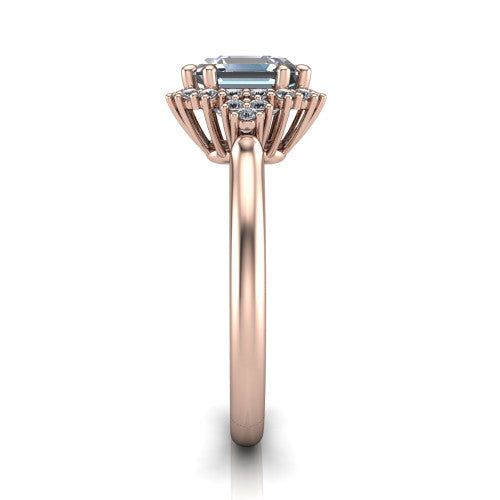 Elaine square emerald-cut floral halo engagement ring in 14K Rose Gold, side profile showing the cathedral rise, floral pave halo, and slender high-polish band