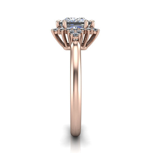 Elaine princess-cut floral halo engagement ring in 18K Rose Gold, side profile showing the cathedral rise, floral pave halo, and slender high-polish band