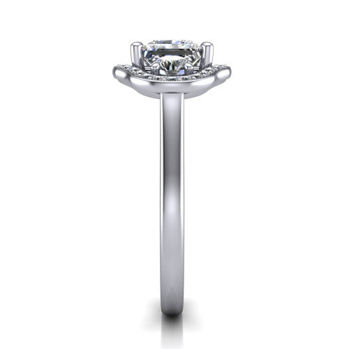 Makayla princess-cut three-stone halo engagement ring in Platinum, side profile showing the cathedral rise, pave halos, and high-polish band
