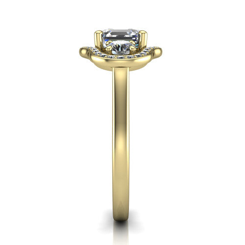 Makayla square emerald-cut three-stone halo engagement ring in 18K Yellow Gold, side profile showing the cathedral rise, pave halos, and high-polish band