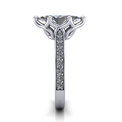 Annalise marquise classic solitaire engagement ring in Platinum, side profile showing the pavé band with milgrain edges and the filigree gallery in profile