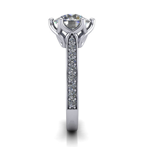Annalise round classic solitaire engagement ring in Platinum, side profile showing the pavé band with milgrain edges and the filigree gallery in profile