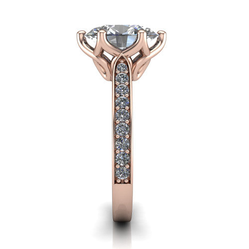 Annalise oval classic solitaire engagement ring in 18K Rose Gold, side profile showing the pavé band with milgrain edges and the filigree gallery in profile