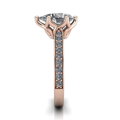 Annalise pear classic solitaire engagement ring in 14K Rose Gold, side profile showing the pavé band with milgrain edges and the filigree gallery in profile