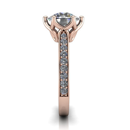 Annalise round classic solitaire engagement ring in 14K Rose Gold, side profile showing the pavé band with milgrain edges and the filigree gallery in profile