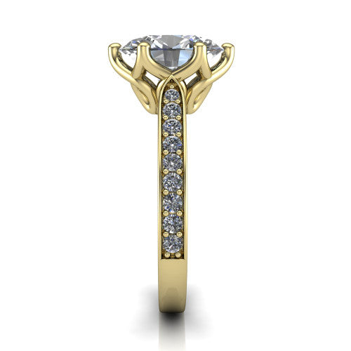 Annalise oval classic solitaire engagement ring in 18K Yellow Gold, side profile showing the pavé band with milgrain edges and the filigree gallery in profile