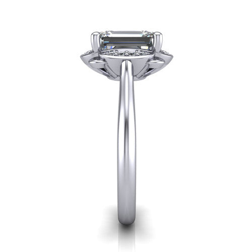Anaya emerald hidden halo engagement ring in Platinum, side profile showing the round pavé halo collar and the plain polished band in profile
