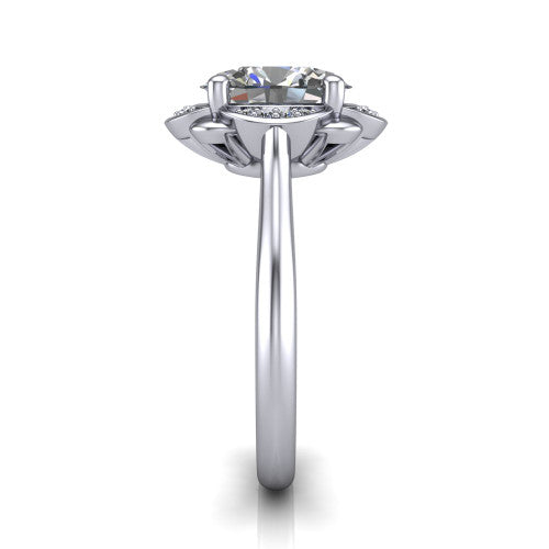 Anaya oval hidden halo engagement ring in 18K White Gold, side profile showing the round pavé halo collar and the plain polished band in profile