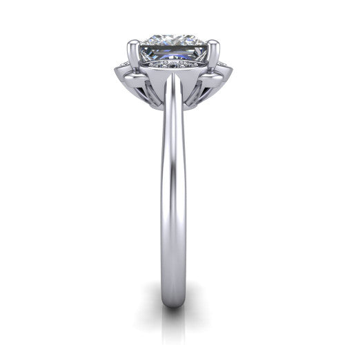 Anaya princess hidden halo engagement ring in 14K White Gold, side profile showing the round pavé halo collar and the plain polished band in profile