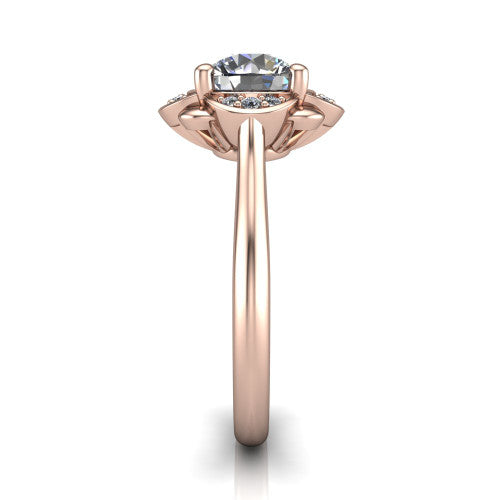 Anaya round hidden halo engagement ring in 18K Rose Gold, side profile showing the round pavé halo collar and the plain polished band in profile