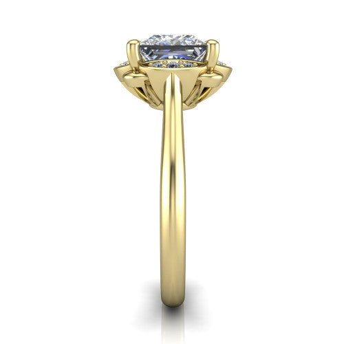 Anaya princess hidden halo engagement ring in 14K Yellow Gold, side profile showing the round pavé halo collar and the plain polished band in profile