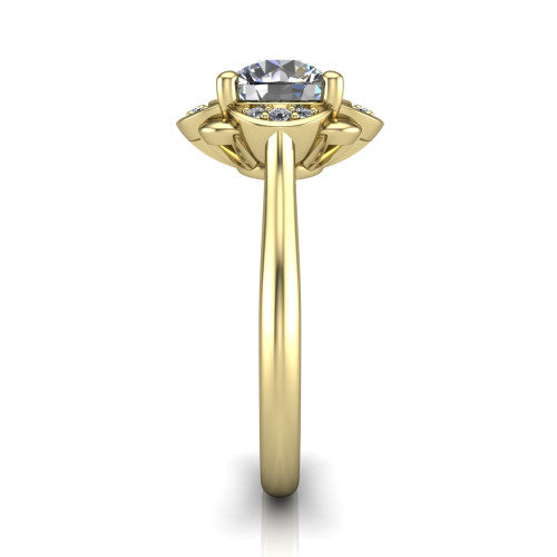 Anaya round hidden halo engagement ring in 18K Yellow Gold, side profile showing the round pavé halo collar and the plain polished band in profile