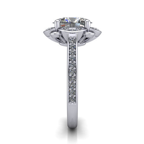 Sabrina oval hidden halo engagement ring in Platinum, side profile showing the round pavé halo collar, pavé band, and milgrain edges in profile