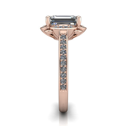 Sabrina emerald hidden halo engagement ring in 18K Rose Gold, side profile showing the round pavé halo collar, pavé band, and milgrain edges in profile