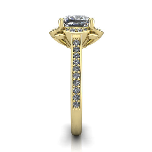 Sabrina cushion hidden halo engagement ring in 14K Yellow Gold, side profile showing the round pavé halo collar, pavé band, and milgrain edges in profile