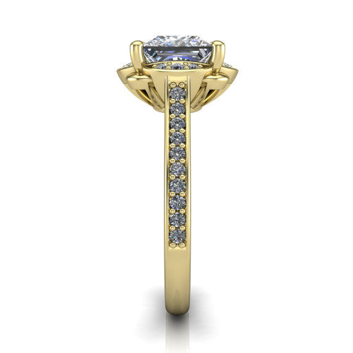 Sabrina princess hidden halo engagement ring in 14K Yellow Gold, side profile showing the round pavé halo collar, pavé band, and milgrain edges in profile