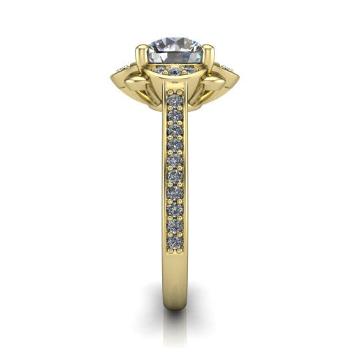 Sabrina round hidden halo engagement ring in 14K Yellow Gold, side profile showing the round pavé halo collar, pavé band, and milgrain edges in profile