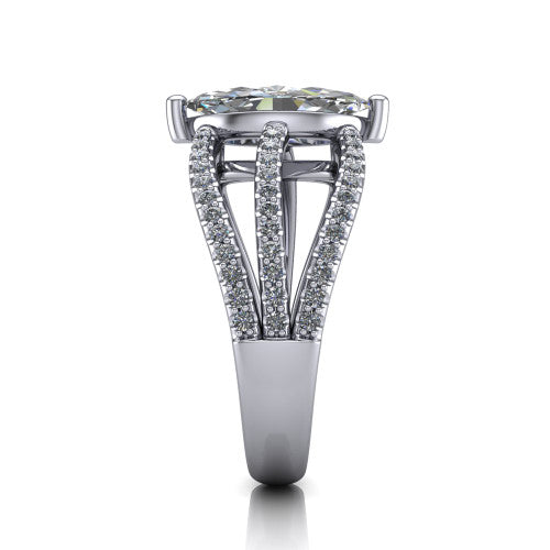 Teagan marquise split shank engagement ring in 14K White Gold, side profile showing the multi-strand pavé split shank sweeping up to the marquise center