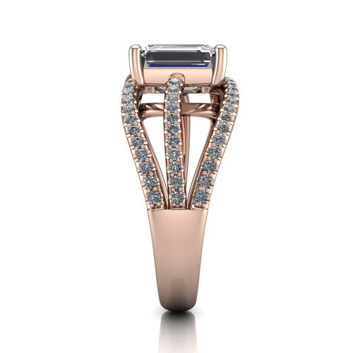 Teagan emerald split shank engagement ring in 18K Rose Gold, side profile showing the multi-strand pavé split shank sweeping up to the emerald center
