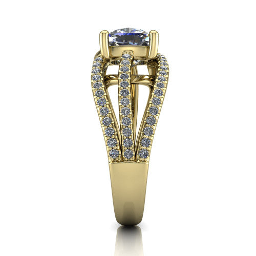 Teagan cushion split shank engagement ring in 14K Yellow Gold, side profile showing the multi-strand pavé split shank sweeping up to the cushion center