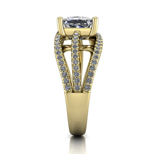 Teagan princess split shank engagement ring in 14K Yellow Gold, side profile showing the multi-strand pavé split shank sweeping up to the princess center
