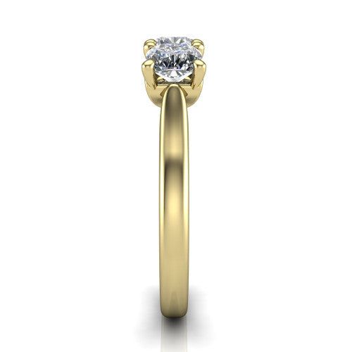 Amora cushion three stone engagement ring in 18K Yellow Gold, side profile showing the plain polished band and the raised three-stone setting