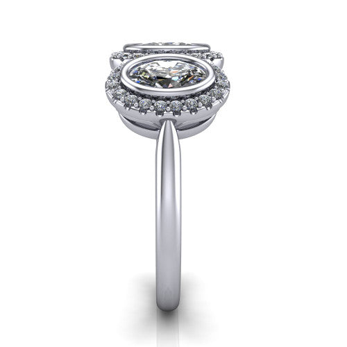 Lorelei oval three stone halo engagement ring in 14K White Gold, side profile showing the plain polished band and the three-stone halo in profile