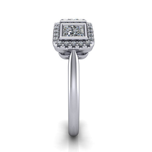 Lorelei princess three stone halo engagement ring in Platinum, side profile showing the plain polished band and the three-stone halo in profile