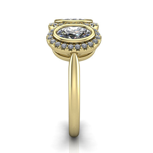 Lorelei oval three stone halo engagement ring in 14K Yellow Gold, side profile showing the plain polished band and the three-stone halo in profile