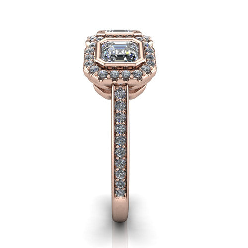 Aviana square emerald three stone halo engagement ring in 18K Rose Gold, side profile showing the pavé band, filigree scrollwork gallery, and three-stone halo in profile