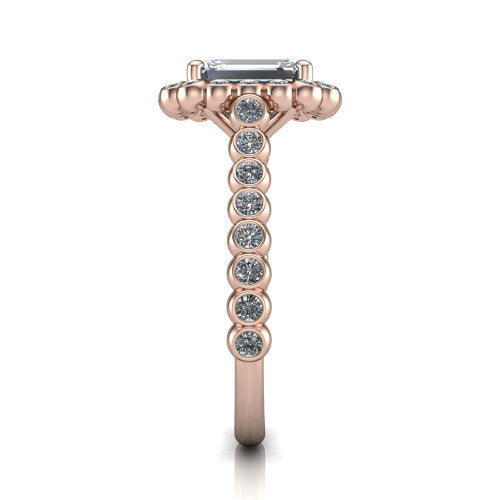 Maren emerald bezel bubble halo engagement ring in 14K Rose Gold, side profile showing the bezel-set bead band with milgrain detailing and the bubble halo in profile
