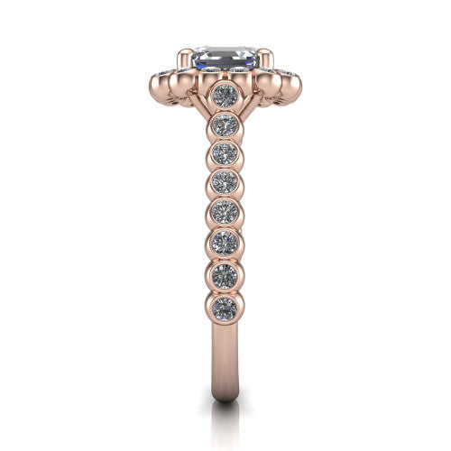 Maren square emerald bezel bubble halo engagement ring in 18K Rose Gold, side profile showing the bezel-set bead band with milgrain detailing and the bubble halo in profile