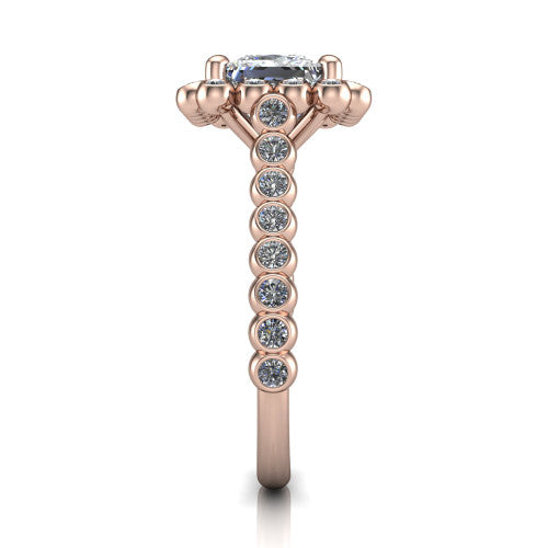 Maren princess bezel bubble halo engagement ring in 14K Rose Gold, side profile showing the bezel-set bead band with milgrain detailing and the bubble halo in profile