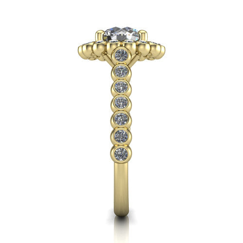 Maren round bezel bubble halo engagement ring in 18K Yellow Gold, side profile showing the bezel-set bead band with milgrain detailing and the bubble halo in profile