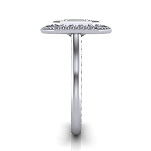 Collins marquise vintage halo engagement ring in Platinum, side profile showing the engraved filigree shoulders, plain band, and vintage halo in profile