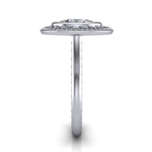 Collins oval vintage halo engagement ring in Platinum, side profile showing the engraved filigree shoulders, plain band, and vintage halo in profile