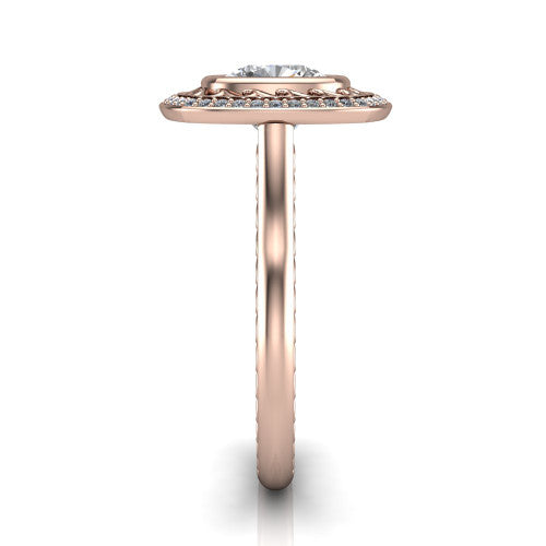 Collins cushion vintage halo engagement ring in 18K Rose Gold, side profile showing the engraved filigree shoulders, plain band, and vintage halo in profile