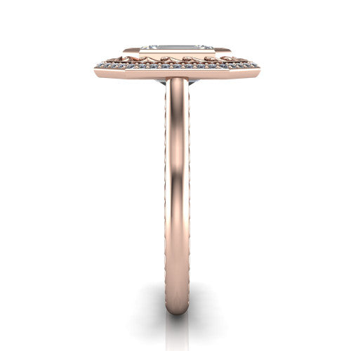 Collins emerald vintage halo engagement ring in 18K Rose Gold, side profile showing the engraved filigree shoulders, plain band, and vintage halo in profile