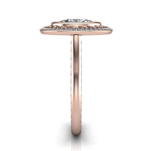 Collins oval vintage halo engagement ring in 14K Rose Gold, side profile showing the engraved filigree shoulders, plain band, and vintage halo in profile