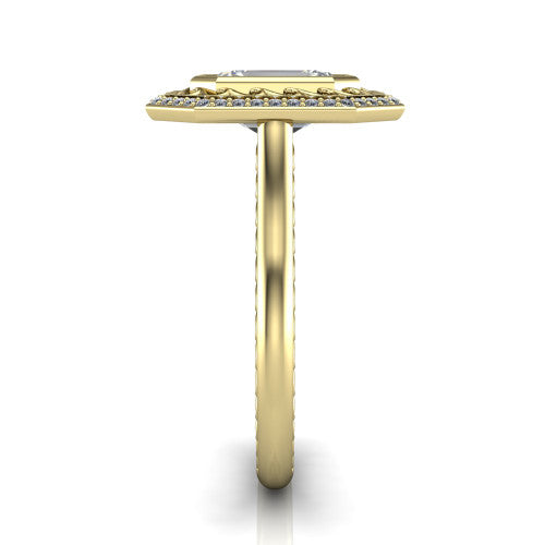 Collins marquise vintage halo engagement ring in 14K Yellow Gold, side profile showing the engraved filigree shoulders, plain band, and vintage halo in profile