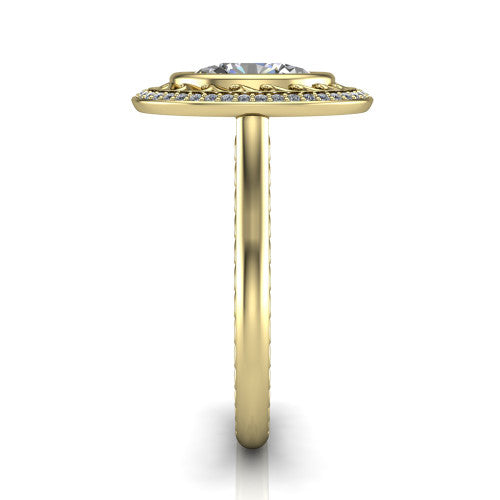Collins oval vintage halo engagement ring in 18K Yellow Gold, side profile showing the engraved filigree shoulders, plain band, and vintage halo in profile
