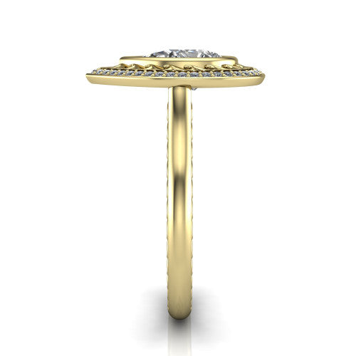 Collins pear vintage halo engagement ring in 18K Yellow Gold, side profile showing the engraved filigree shoulders, plain band, and vintage halo in profile