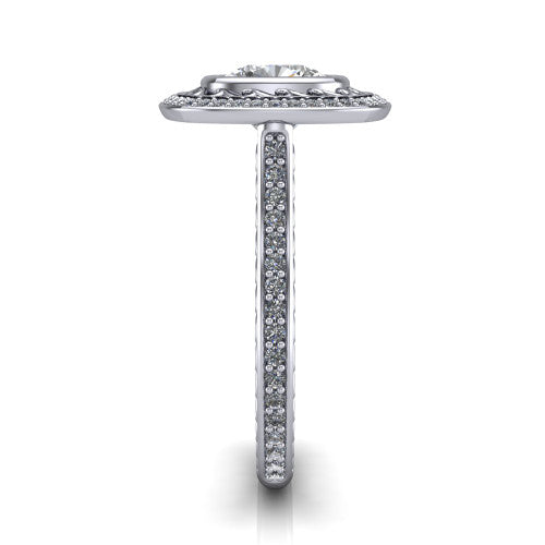 Aniyah cushion vintage halo engagement ring in Platinum, side profile showing the fully pavé band with milgrain edges and the vintage filigree halo in profile