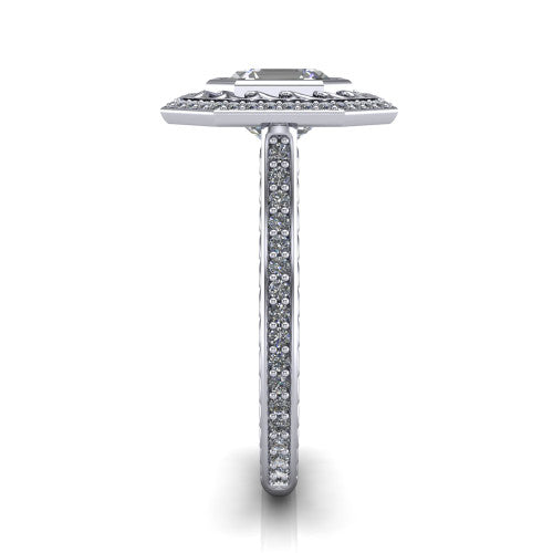 Aniyah square emerald vintage halo engagement ring in 18K White Gold, side profile showing the fully pavé band with milgrain edges and the vintage filigree halo in profile