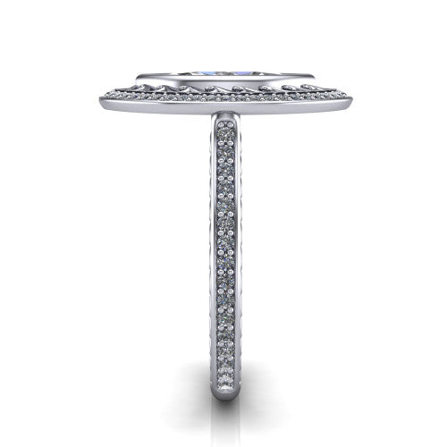 Aniyah marquise vintage halo engagement ring in 14K White Gold, side profile showing the fully pavé band with milgrain edges and the vintage filigree halo in profile